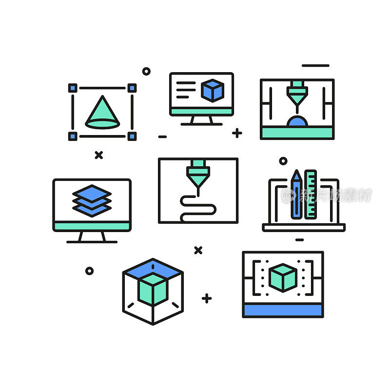 3D打印技术概念，现代线条艺术图标背景。线性风格矢量插图。