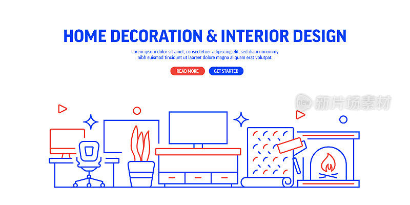 家装相关网站横幅线条风格。现代线性设计矢量插图的网站横幅,网站标题等。