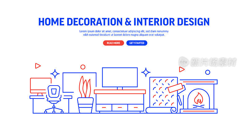 家装相关网站横幅线条风格。现代线性设计矢量插图的网站横幅，网站标题等。