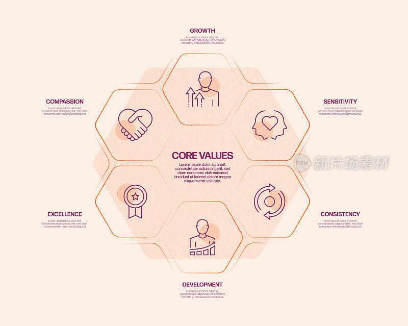 核心价值观相关流程信息图表模板。过程时间表图。线性图标的工作流布局