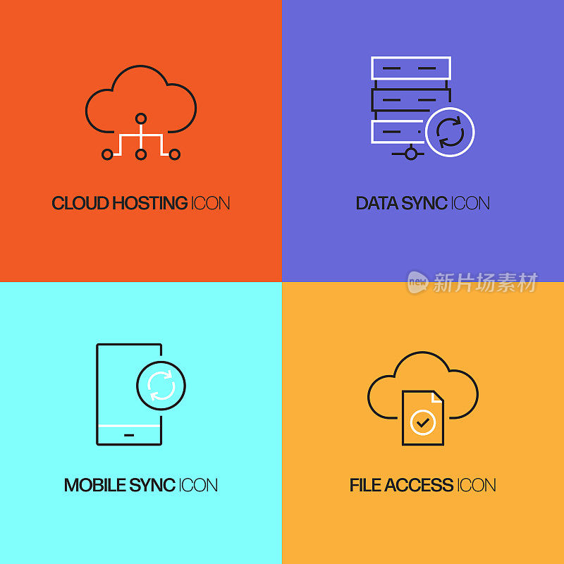 云技术相关的矢量细线图标。轮廓符号集合
