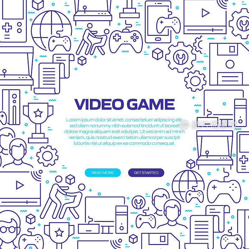 视频游戏网页横幅与线性图标，新潮的线性风格矢量