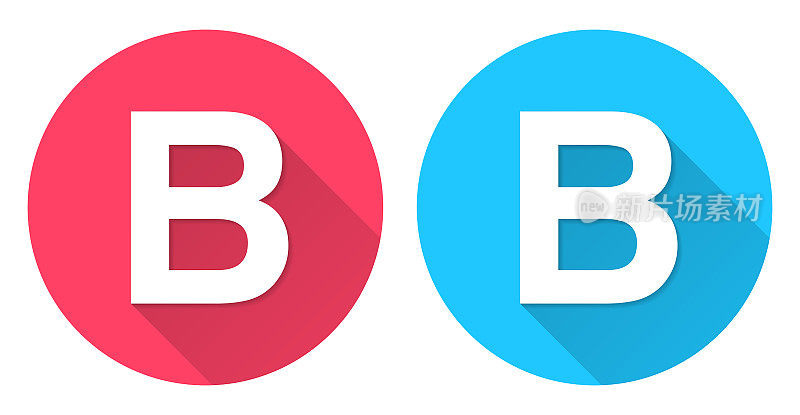 字母b圆形图标与长阴影在红色或蓝色的背景