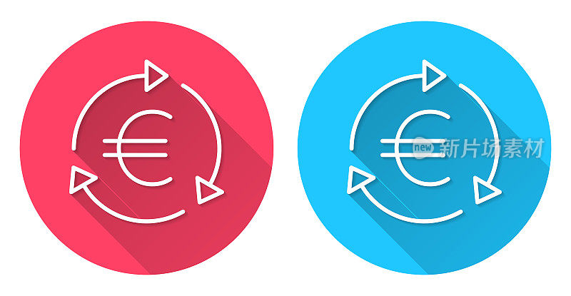 欧元重新加载。圆形图标与长阴影在红色或蓝色的背景