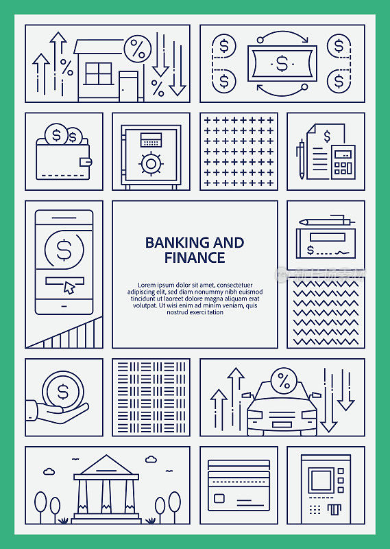 银行和金融相关的矢量横幅设计概念。全局多球体随时可用的模板。网页横幅，网站标题，杂志，移动应用程序等。现代设计。
