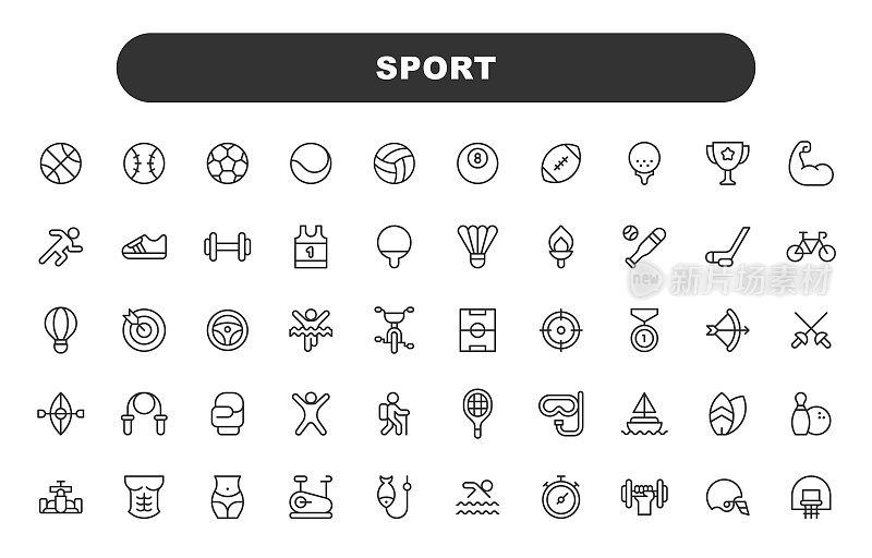 运动线图标。可编辑的中风。包含这样的图标，如运动员，篮球，自行车，健美，盒子，健身，足球，高尔夫，健身房，远足，皮艇，奥运会，游泳池，赛车，跑步，足球。