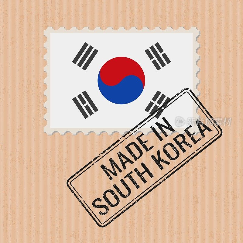韩国制造徽章矢量。印有韩国国旗的贴纸。油墨印章隔离在纸张背景上。