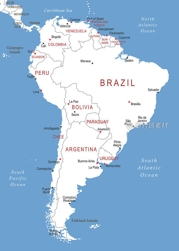 南美洲地图。矢量彩色地图的南美洲
