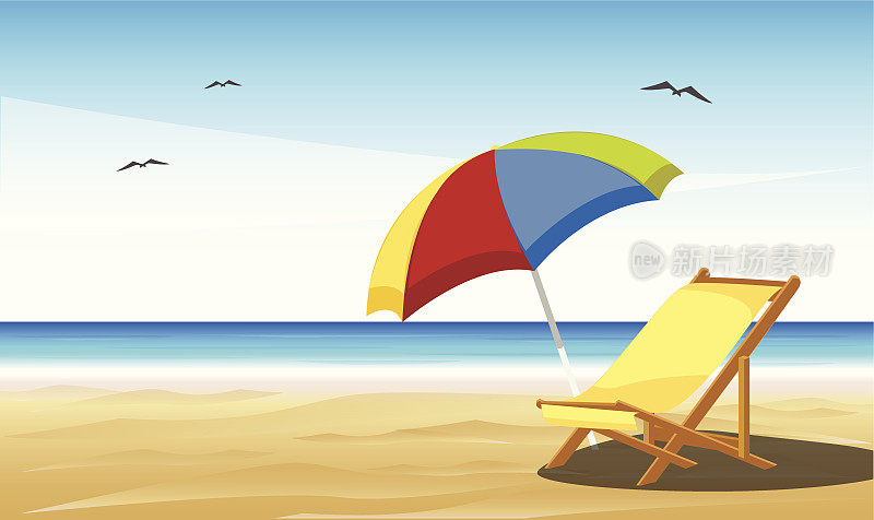 沙上的沙滩椅和雨伞的卡通