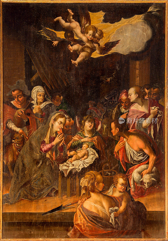 文艺复兴时期巴洛克式祭坛上的耶稣诞生场景
