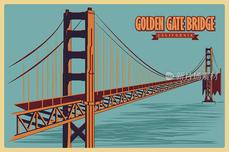 加州著名纪念碑金门大桥的复古海报