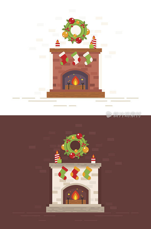 圣诞节壁炉孤立插图在平风格