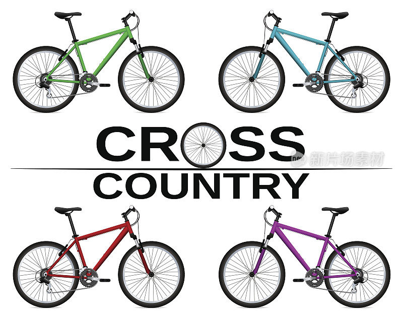 不同颜色的越野自行车。