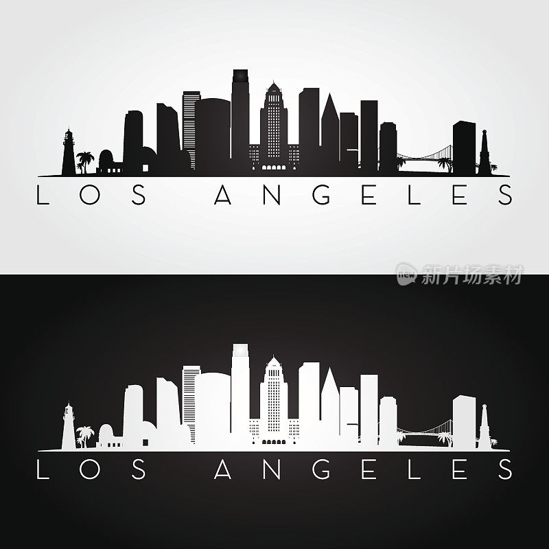 美国洛杉矶的天际线和地标剪影