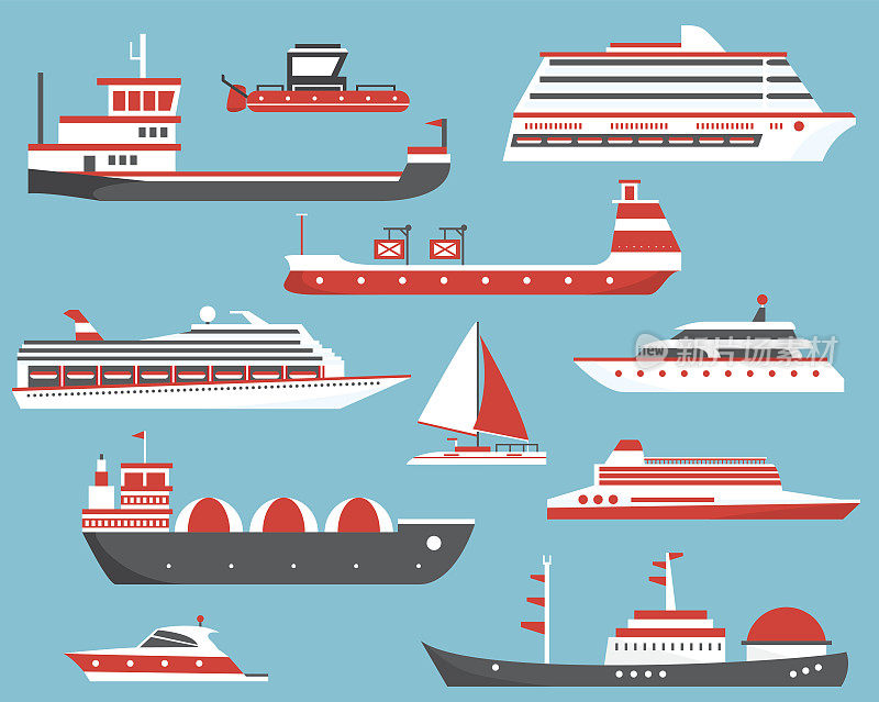 船只。油船、游艇、散货船、燃气船、客船。