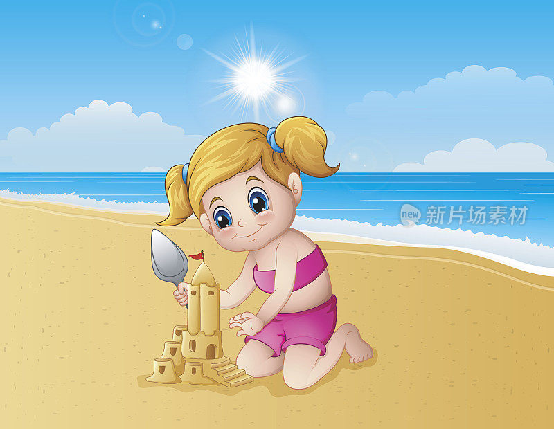 女孩在海滩上做沙堡