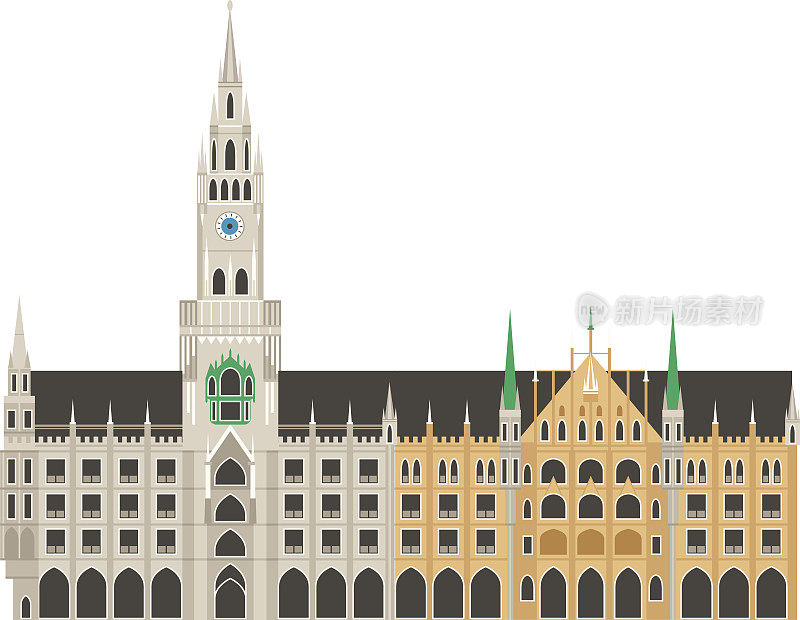 新慕尼黑市政厅在巴伐利亚，德国，地标矢量插图