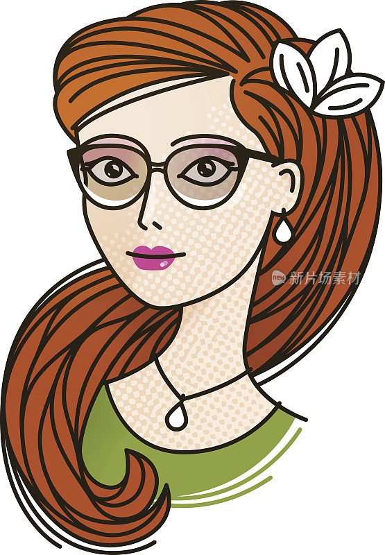 一个漂亮的年轻女孩的肖像戴着眼镜和长长的红头发。卡通矢量图