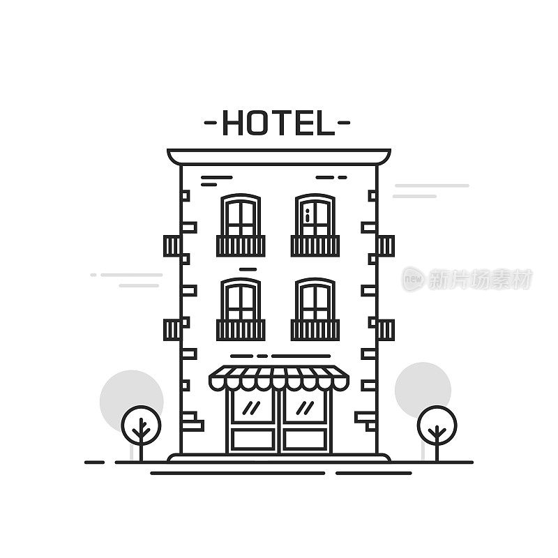 酒店建筑线条轮廓卡通风格矢量插图孤立