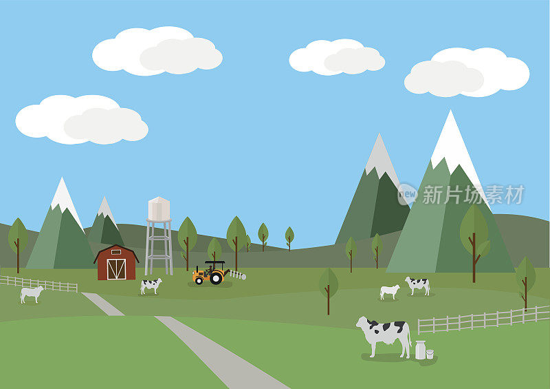 乡村景观以奶牛和农场为背景，风格平缓