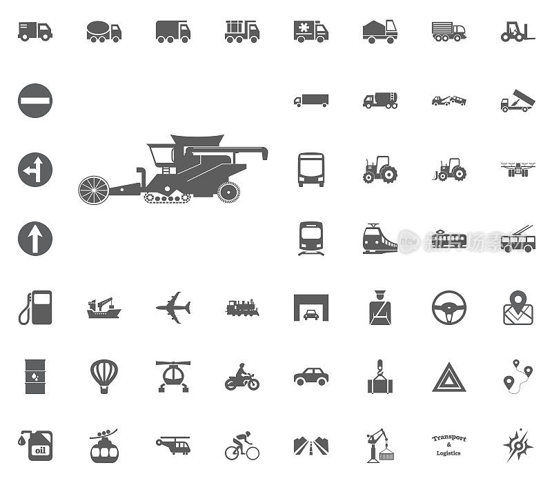 联合收割机图标。运输和物流设置图标。交通设置图标