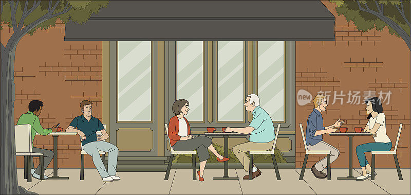 人们坐在咖啡店里。桌子上有情侣的咖啡馆。