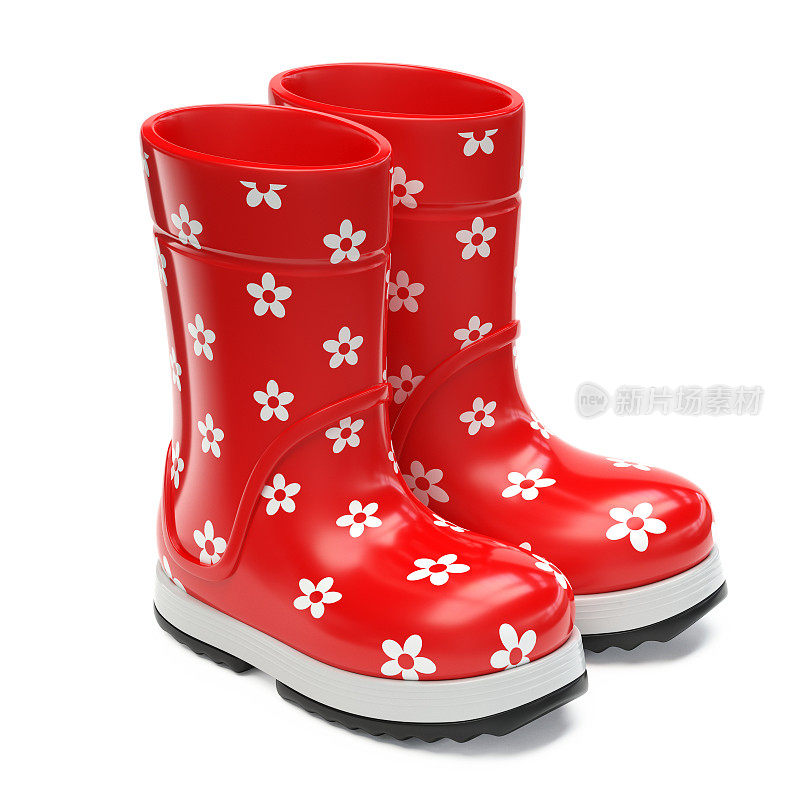 红色橡胶雨靴隔离在白色背景3d渲染