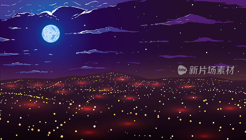 夜晚的城市与灯笼在满月。