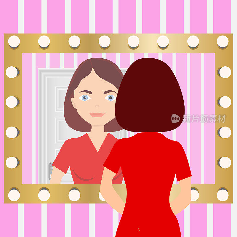 一个女人照镜子。镜子里的女人。