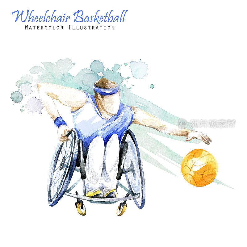 水彩插图。轮椅篮球，残疾人运动。残疾人运动员的形象在轮椅上与一个球拍。活跃的人。残疾和社会政策。社会支持