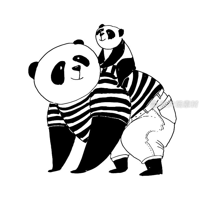 矢量黑白插图着色书。熊猫爸爸穿着黑色和白色的t恤，背着他的小儿子走了很远