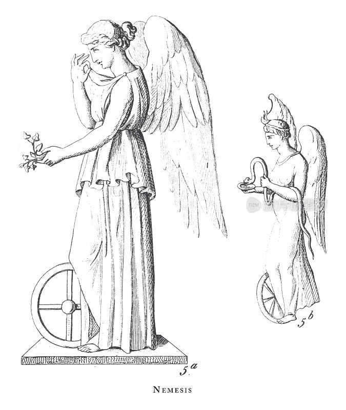 复仇女神、诸神和神话人物雕刻古董插图，1851年出版