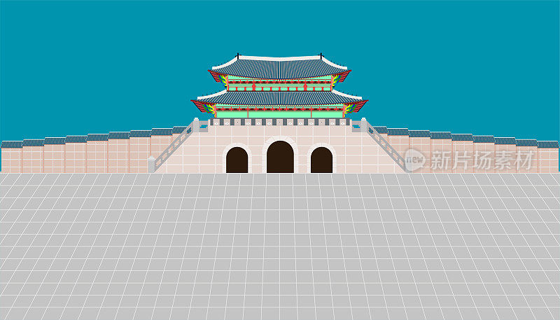 后视图光华门和长墙和大庭院在京福宫在韩国首尔矢量插图eps10