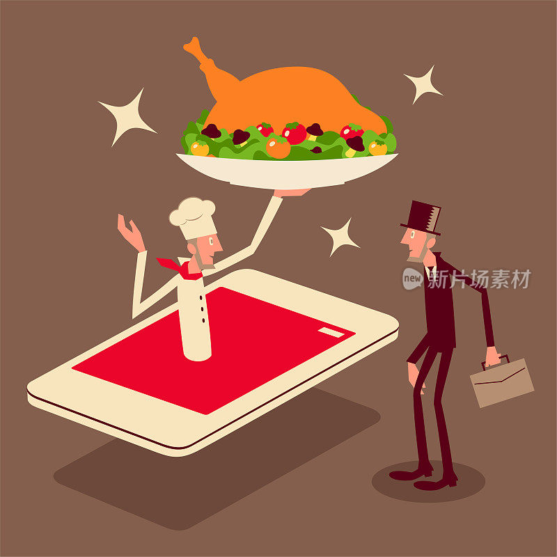 外卖服务，厨师在手机上提供感恩节火鸡大餐