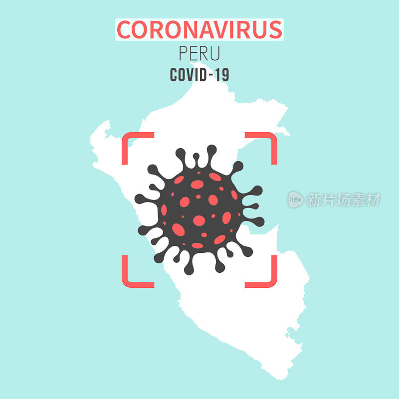 红色取景器中带有冠状病毒(COVID-19)细胞的秘鲁地图