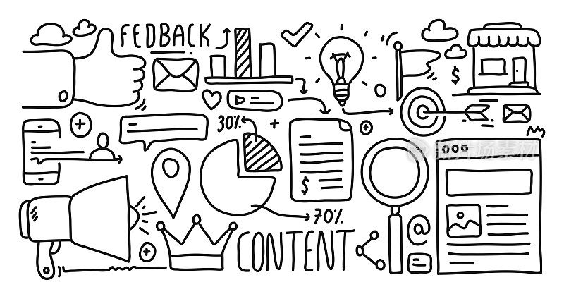 管理手绘，涂鸦和矢量插图图标集