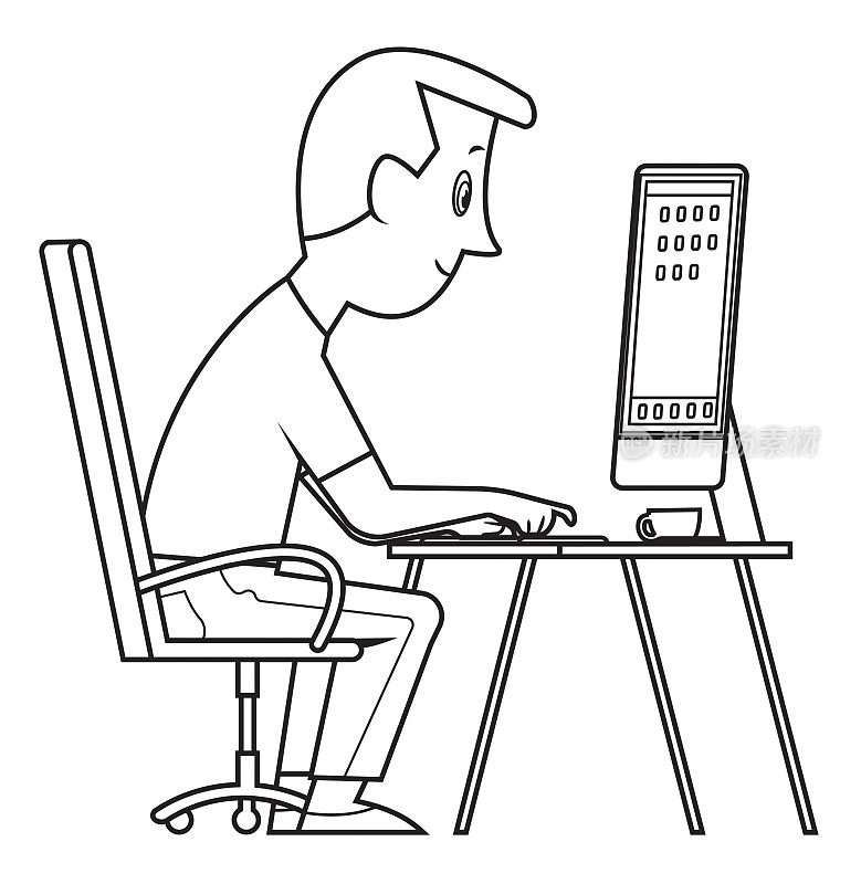 黑与白，年轻人正与电脑坐在书桌前