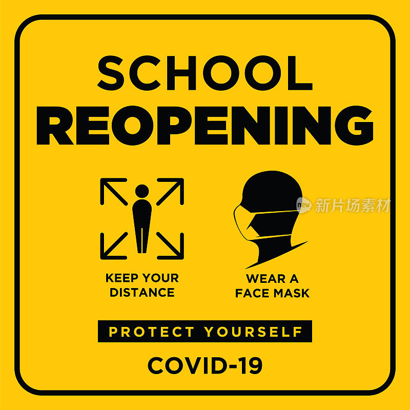 学校重新开放。COVID-19流感大爆发的危险，流感毒株病例作为大流行概念横幅平面风格插图素材插图