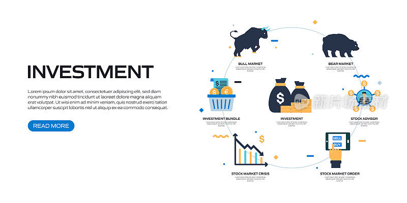 投资相关矢量集的平面图标和信息图形设计
