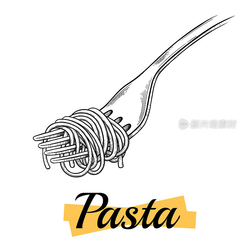 意大利面食。叉子上的意大利面。复古黑色插图孤立在白色背景。