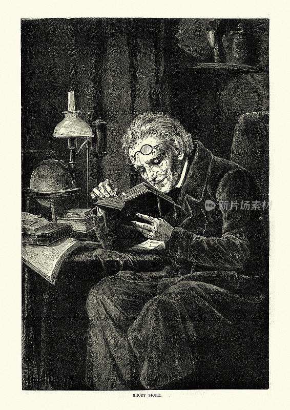一个目光短浅的人在看书，维多利亚时代的19世纪
