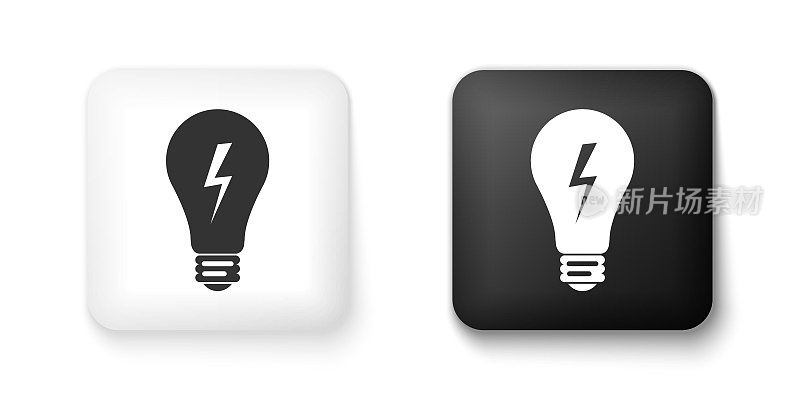 黑白灯光灯标志。灯泡与闪电符号图标孤立在白色背景。思想的象征。方形按钮。向量