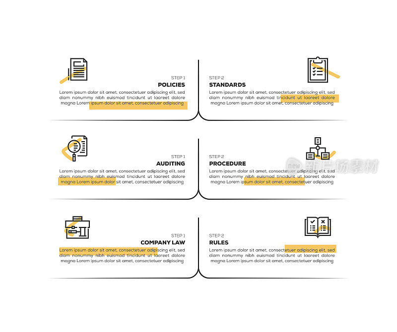 信息图表设计模板。政策，标准，程序，公司法律，规则，审计图标6个选项或步骤。