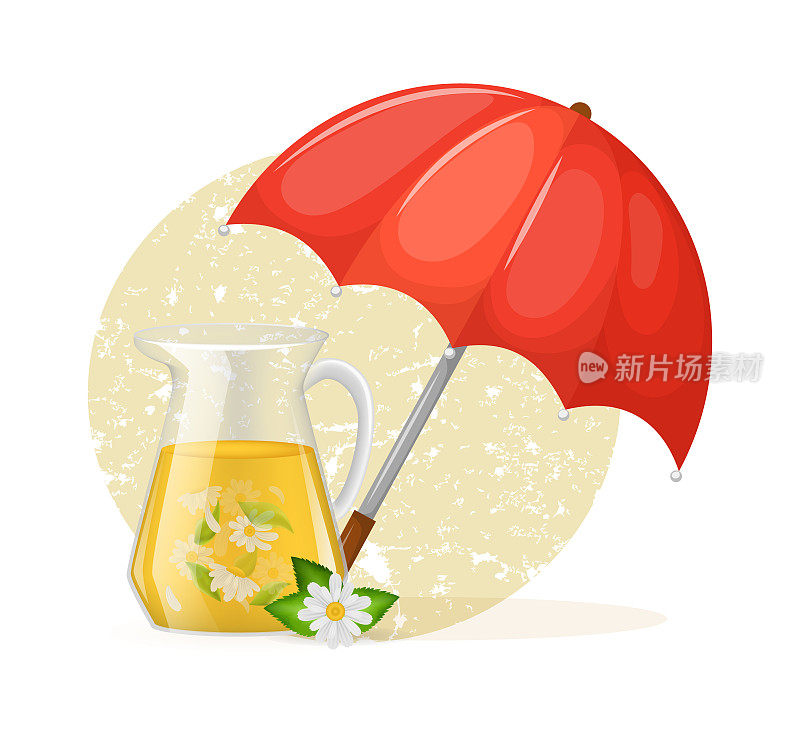 欢迎秋天的心情。伞与玻璃酒瓶甘菊蛋奶茶与甘菊叶和花在一个明亮的背景。丰收时节秋日贺卡