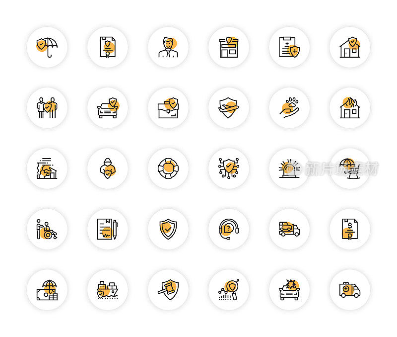 保险和保护相关的线图标，轮廓矢量符号插图。