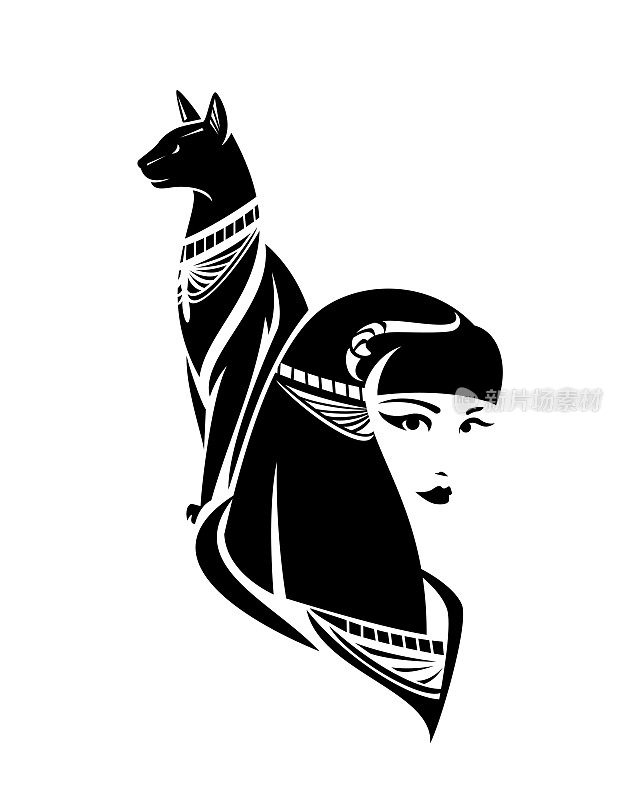 古埃及猫女神Bastet黑白矢量肖像
