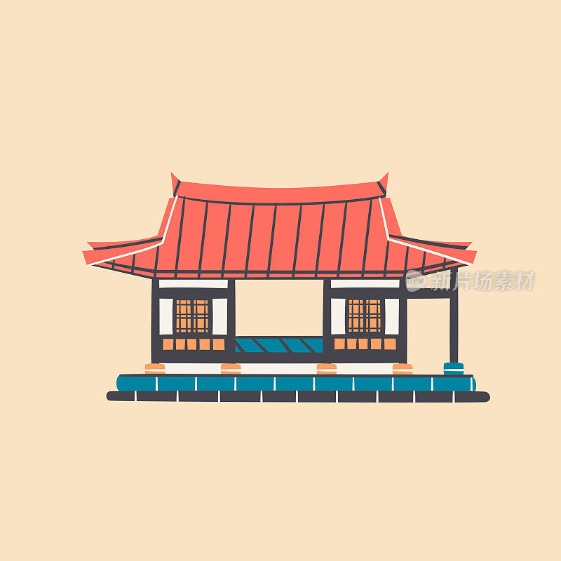 韩屋亚洲建筑孤立矢量插图。韩国传统建筑设计元素。