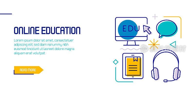 在线教育相关设计元素。带有轮廓图标的图案设计。色彩斑斓的矢量图