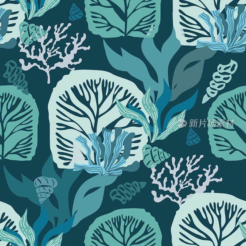 水下海洋植物无缝图案有海藻、珊瑚、海藻和海贝、水母、鱼类
