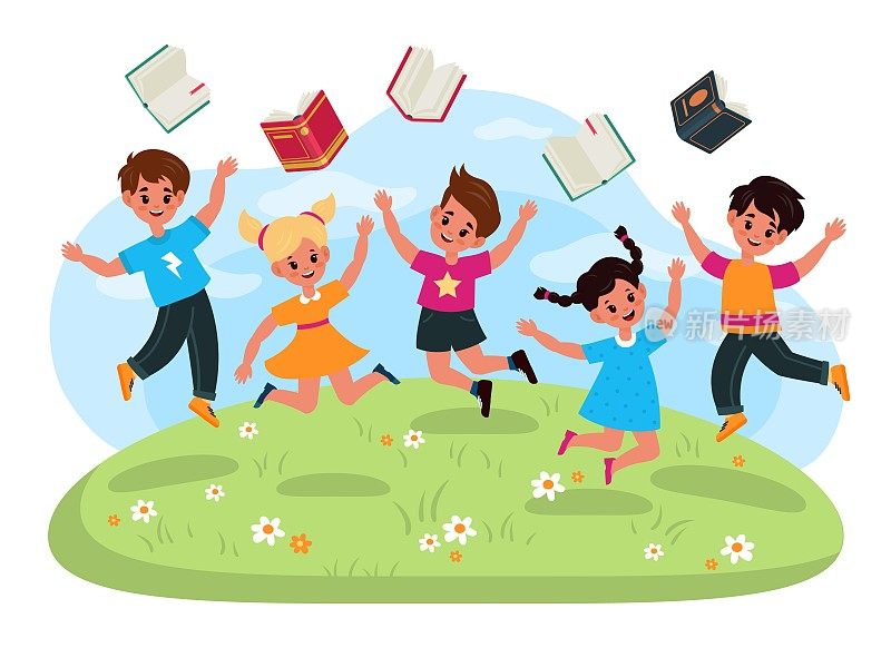 假期。研究结束。蹦蹦跳跳的孩子们扔书。卡通男孩和女孩喜欢学校放假。小学生们在草地上扔课本玩得很开心。快乐的孩子们的活动。向量毕业